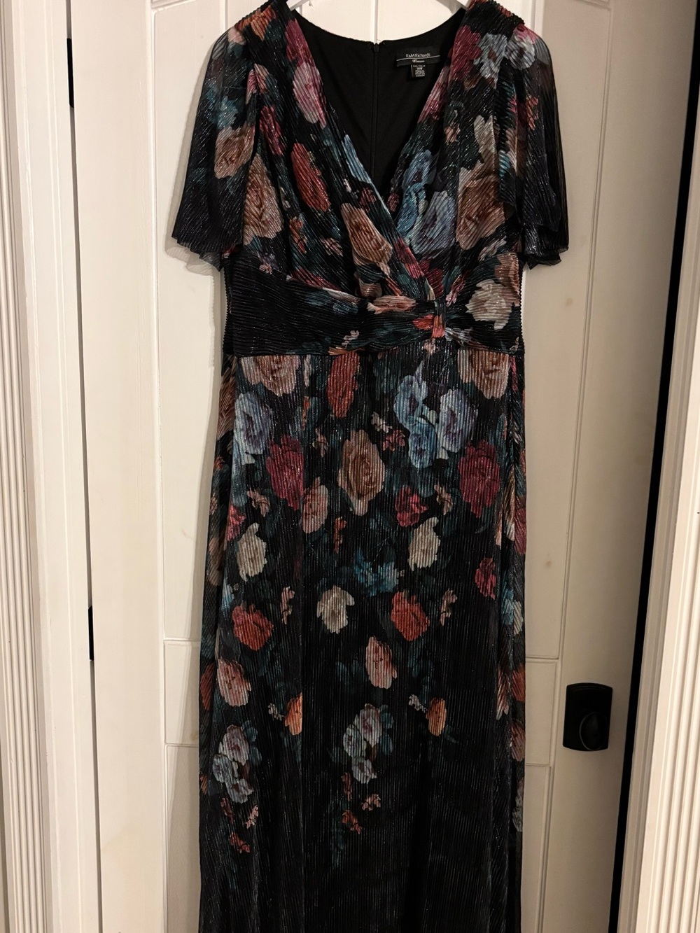 R&M Richards Black Floral Maxi Dress with Pleats